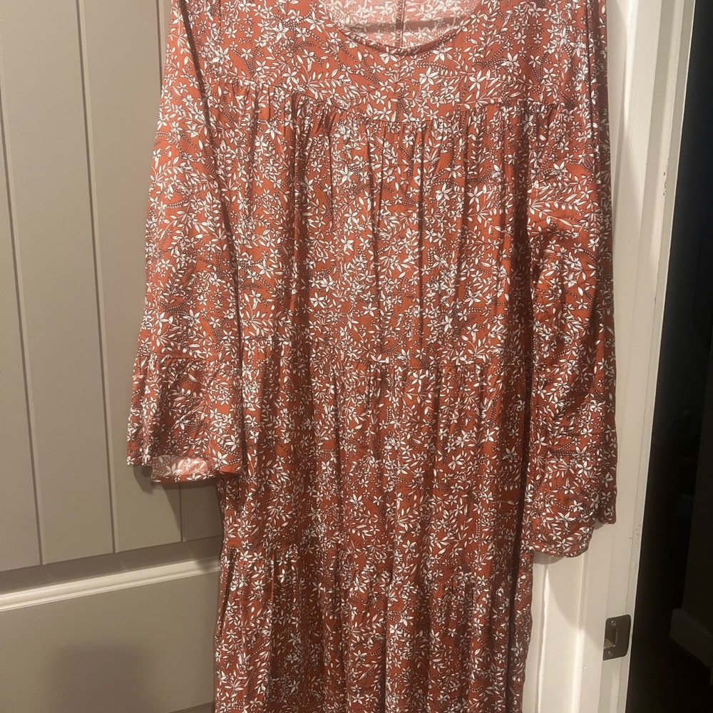 Brown Smocked Midi with Bishop Sleeves